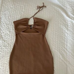 Brown Ribbed Cut Out Halter Mini Dress